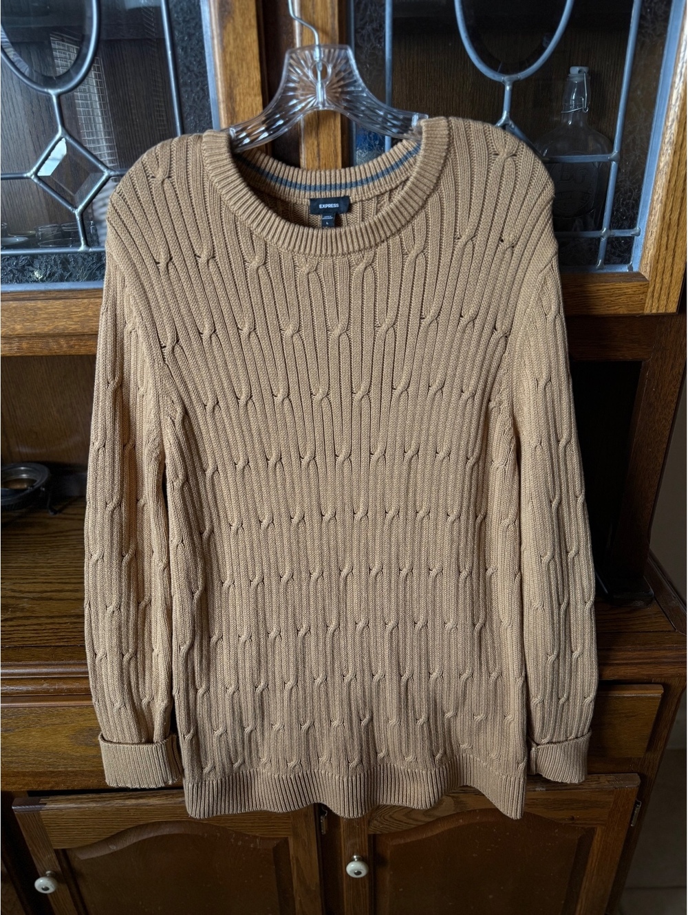 Express Men’s Camel Cable Knit Crewneck Sweater Sz L 100% Cotton Preppy
